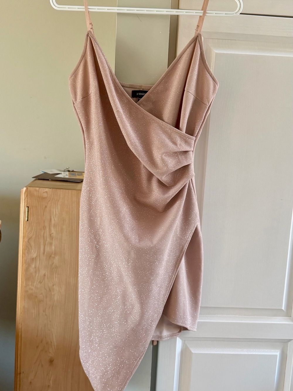 le chateau Shimmery Cream color Draped Mini Dress Size M